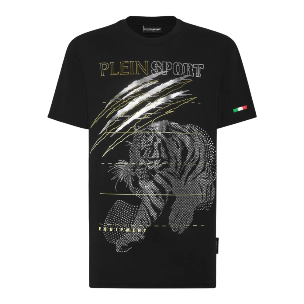 Plein Sport Korte Mouw Katoenen Jersey T-shirt met Gelamineerde Print en Strass Black Heren
