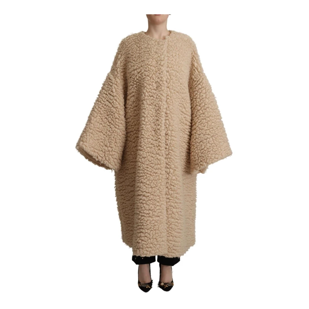 Dolce & Gabbana Women's Beige Faux Fur & Shearling Jackets, S, Luxury Cashmere Wool Fur Coat