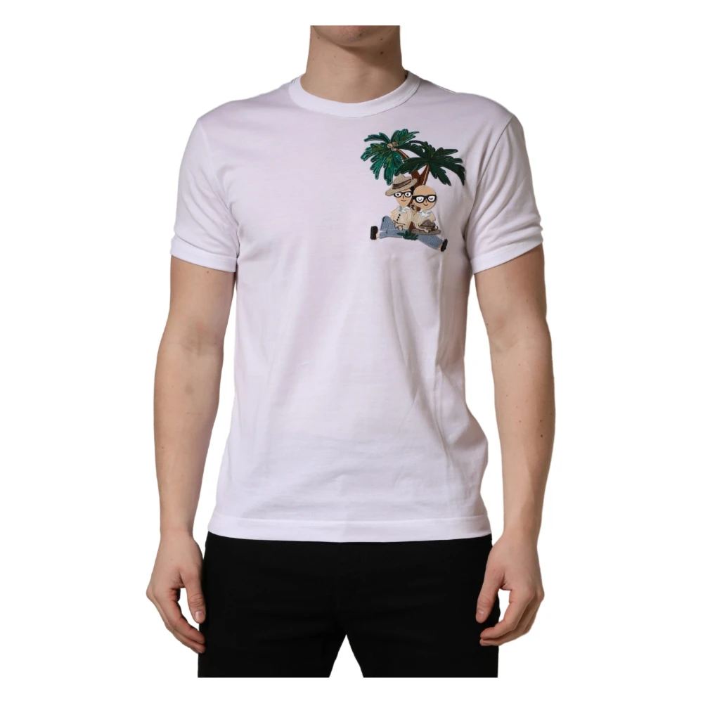 Dolce & Gabbana White T-Shirts, Male, 3XL, Palm Embroidered Crew Neck T-Shirt