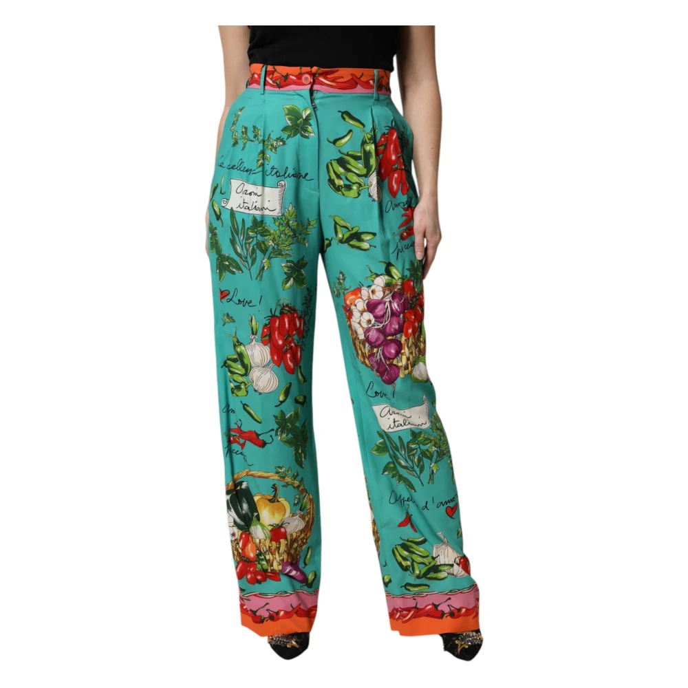 Dolce & Gabbana Women's Multicolor Wide Trousers, S, Green Silk Printed Straight Trousers