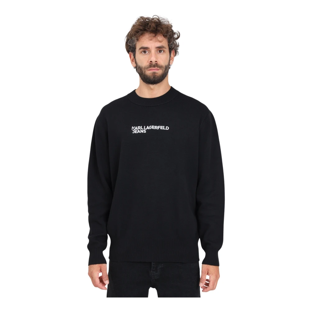 Karl Lagerfeld Zwarte Crew-Neck Sweater met Logo Borduursel Black Heren