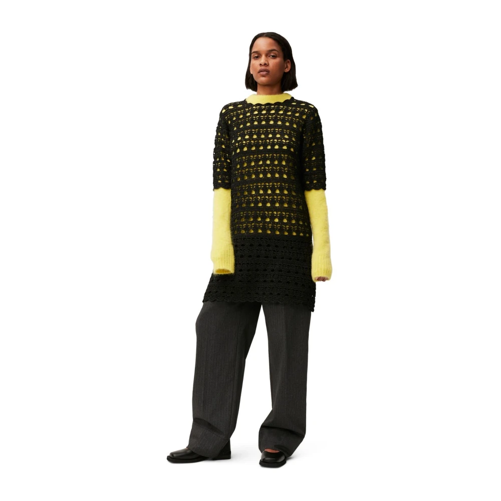 Ganni Gehaakte Mini Jurk met Open Rug Black Dames