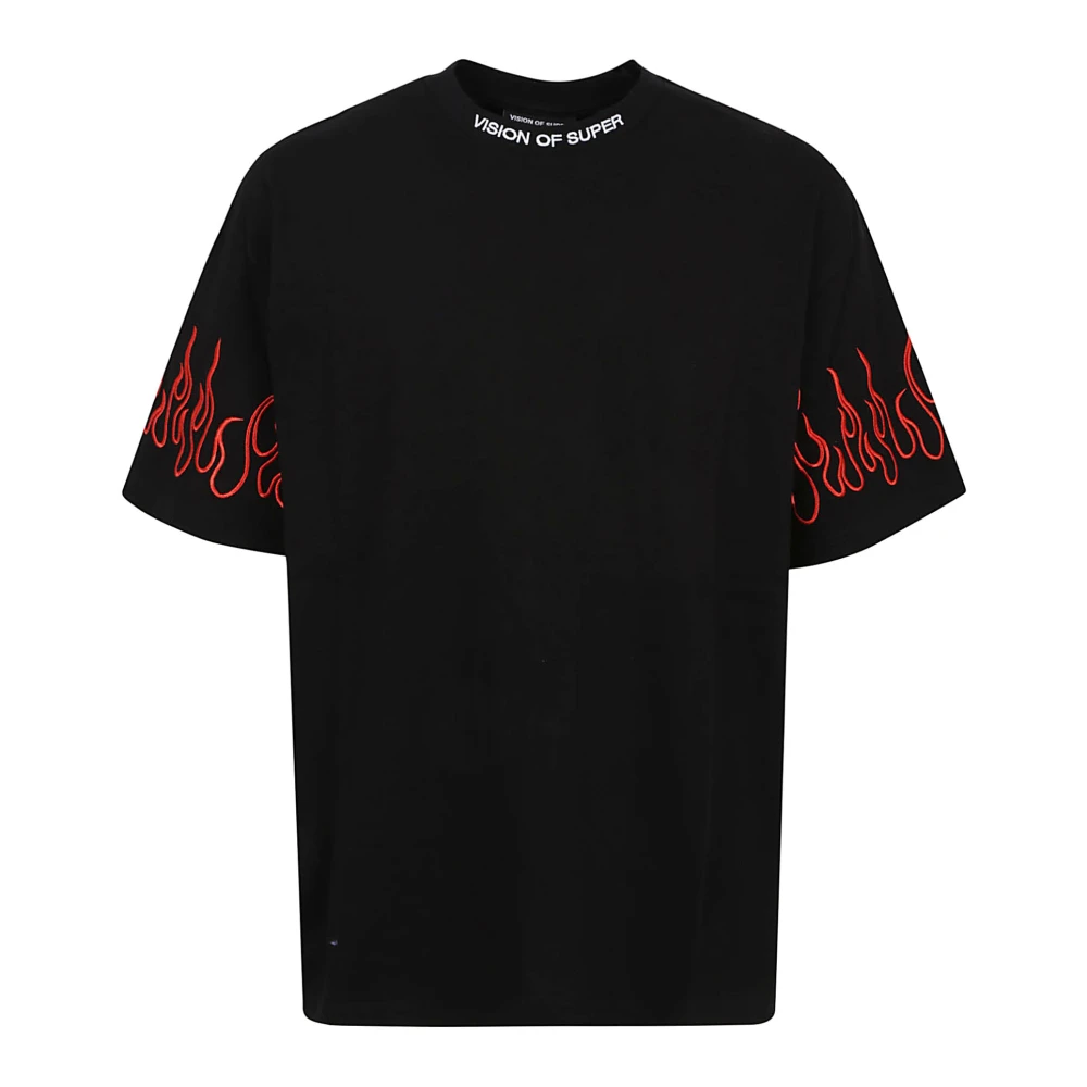 Vision OF Super Zwart T-shirt met rode geborduurde vlammen Zwart Heren