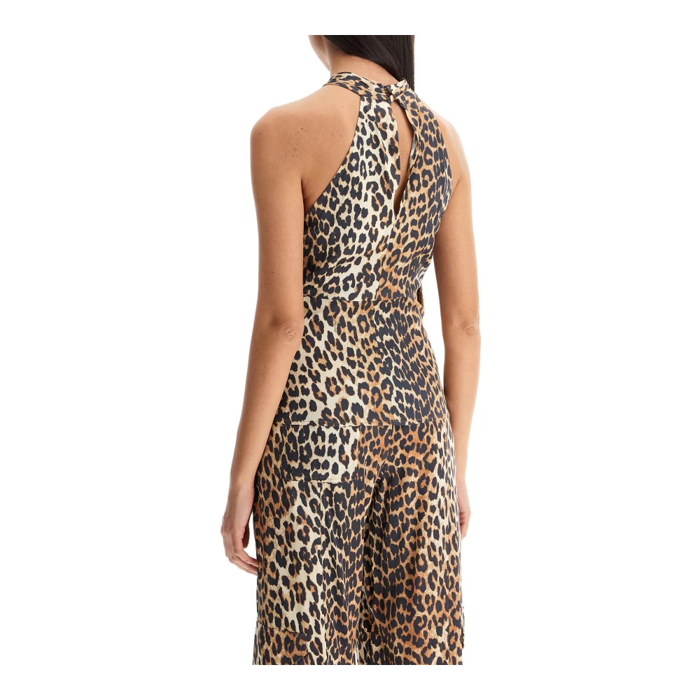 Ganni Leopard Print Satin Halter Top Brown Dames