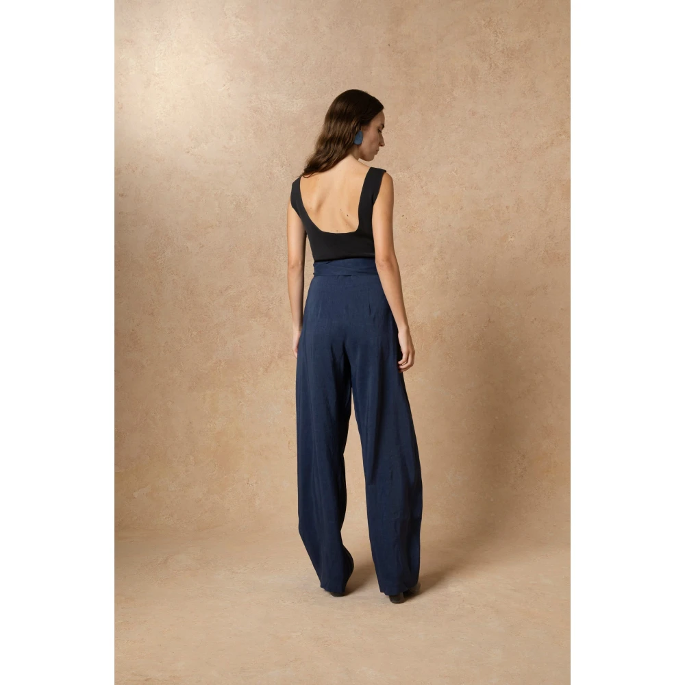 Cortana Wikkel Linnen en Cupro Broek Blue Dames
