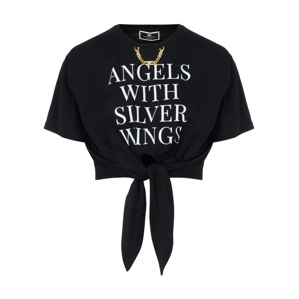 Elisabetta Franchi Zwarte Jersey Crop T-shirt met Gouden Ketting Black Dames