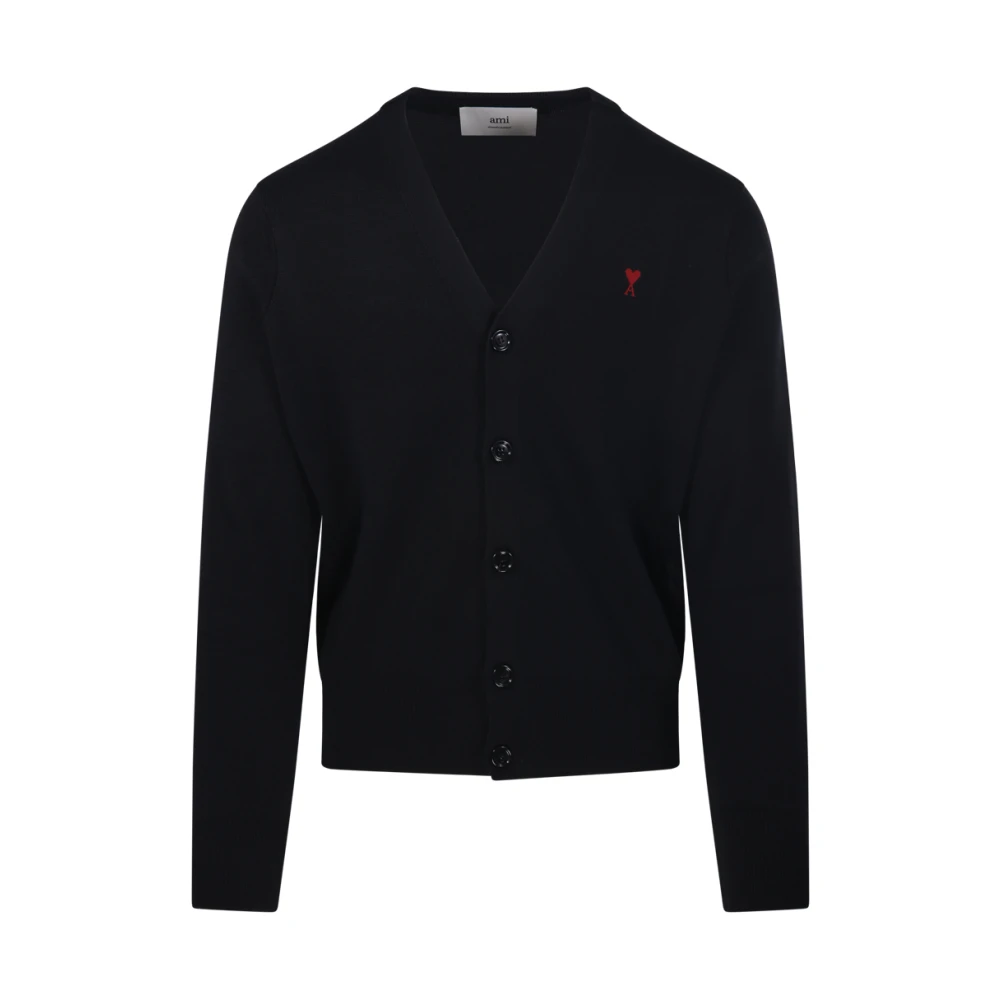 Ami Paris Men's Black Adc Round Neck Cardigan Merino