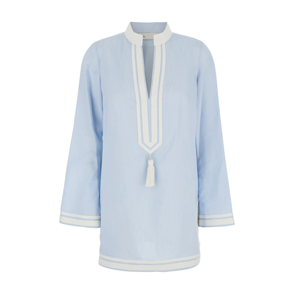 TORY BURCH Babyblauwe V-hals Shirt met Kwast Detail Blue Dames