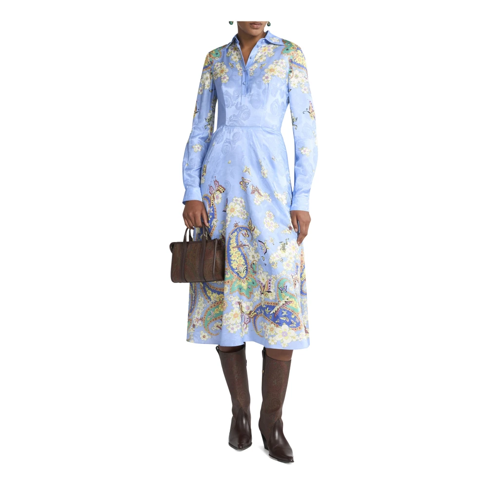 ETRO Heldere Blauwe Bloemen Midi Overhemdjurk Blue Dames