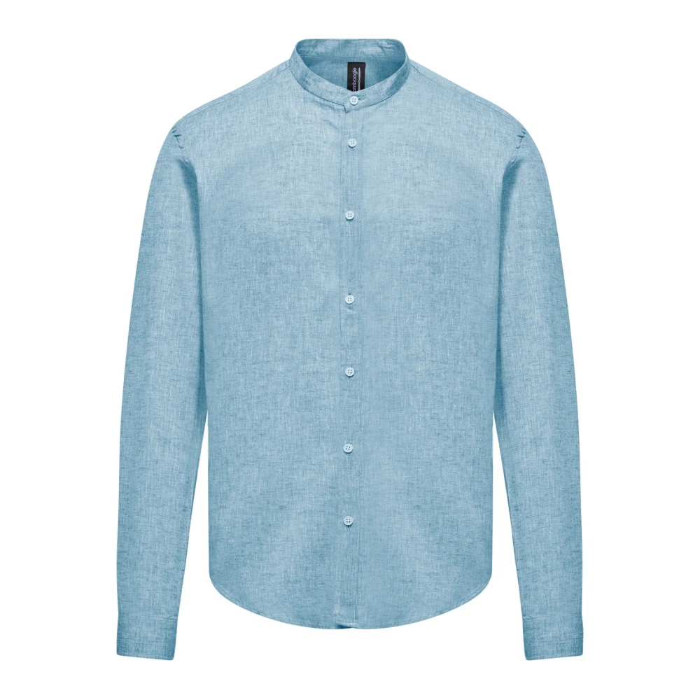 Bomboogie Homme Bleu - Chemise En Lin/Coton Avec Col Mandarin - Chemises - Taille: M
