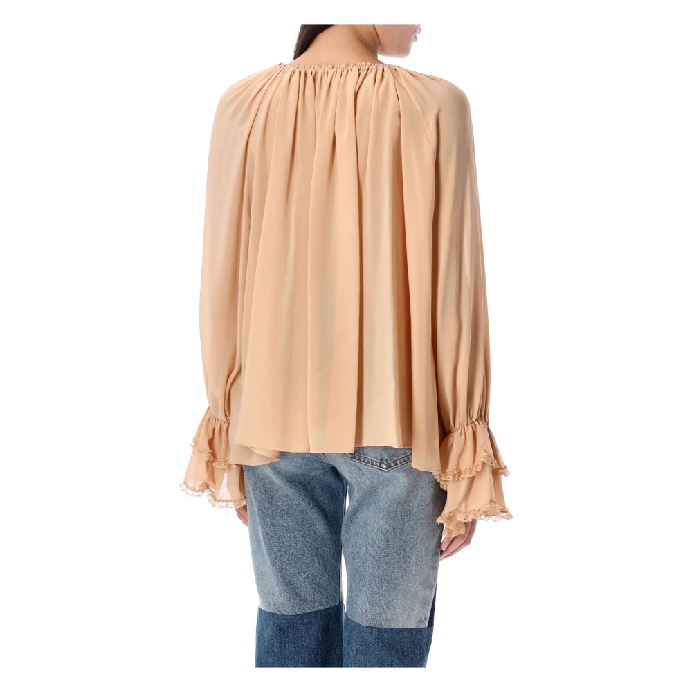 Chloé Zijden V-hals Gerimpelde Manchetten Top Beige Dames