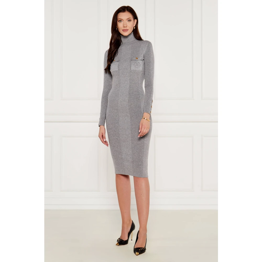 Elisabetta Franchi Midi gebreide wollen jurk met logo Gray Dames