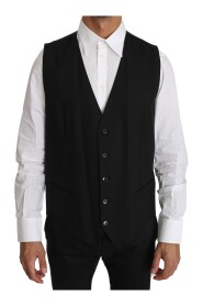 Black Solid Wool Stretch Waistcoat Vest