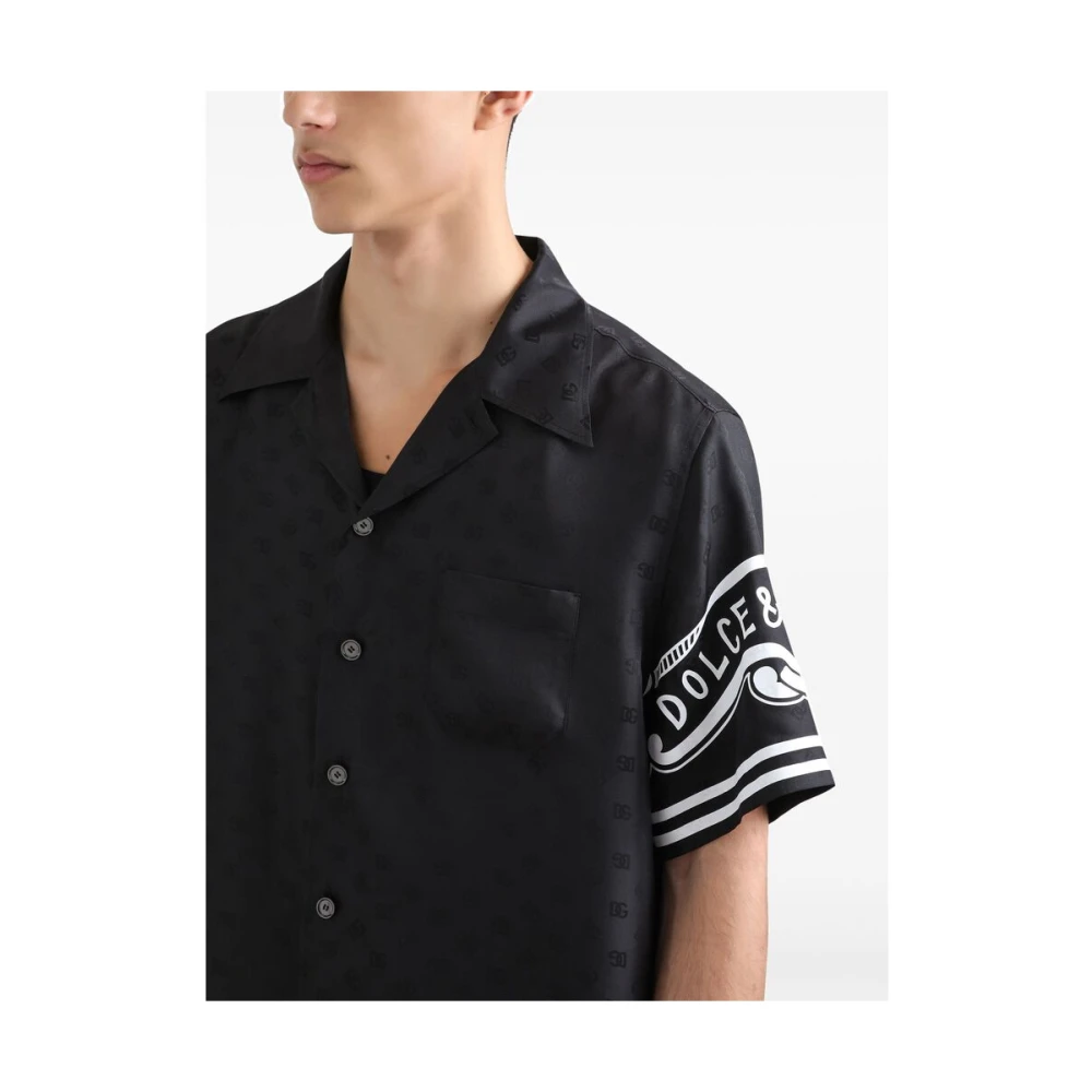 Dolce & Gabbana Zwarte Logo Print Camp Kraag Shirt Black Heren