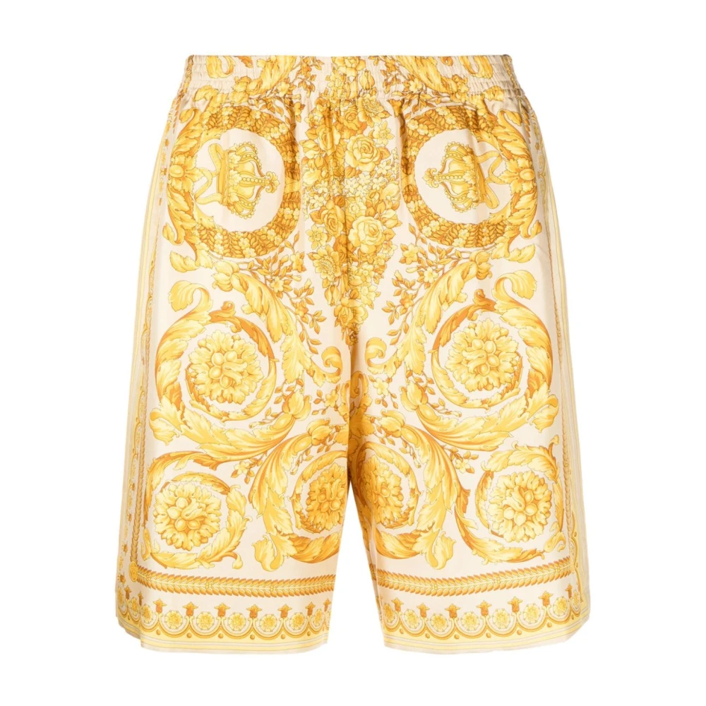 Versace Zijden Barocco Print Elastische Taille Shorts Yellow Heren