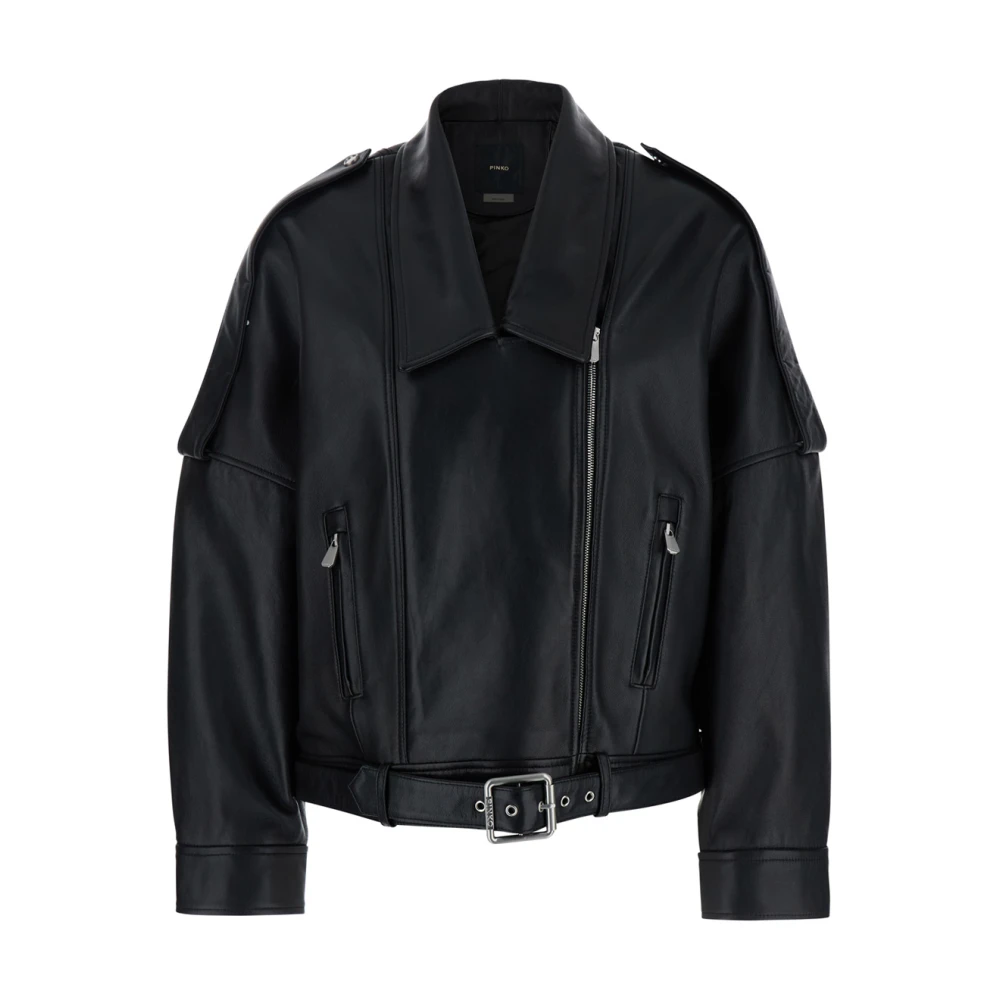 Pinko Zwarte leren jas met ceintuur taille Black Dames