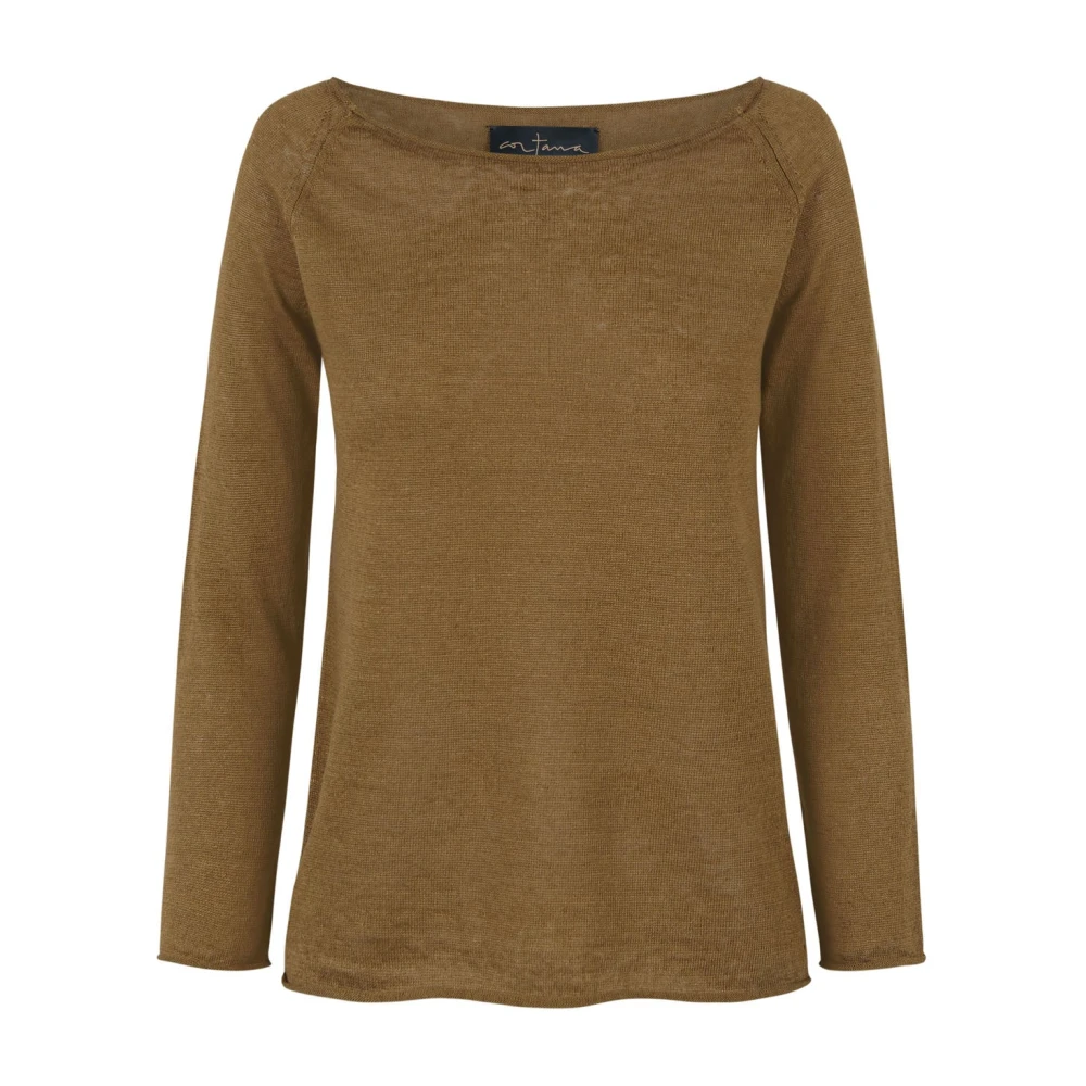 Cortana Brown Round-Neck Knitwear, Female, Xs, Rinen, Jersey And Linen Stitch Mustard
