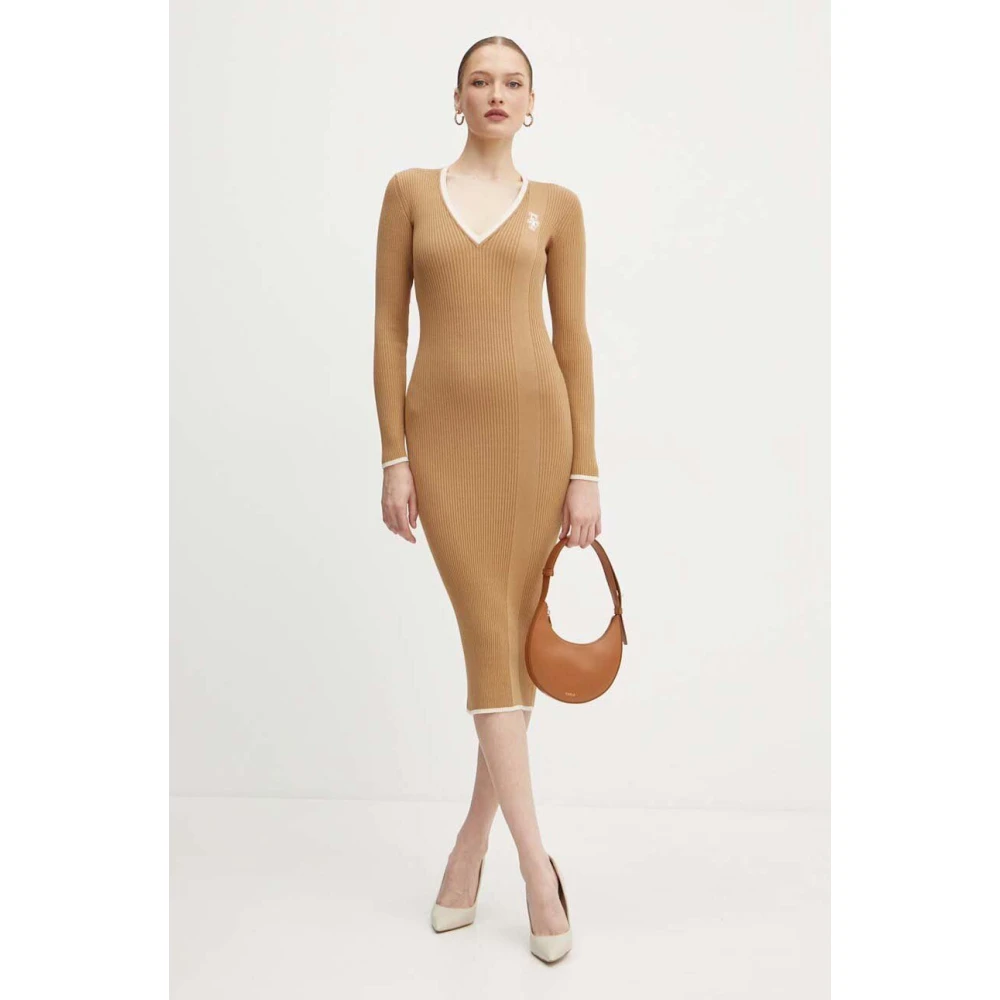 Elisabetta Franchi Geribbelde V-hals Midi Jurk Brown Dames