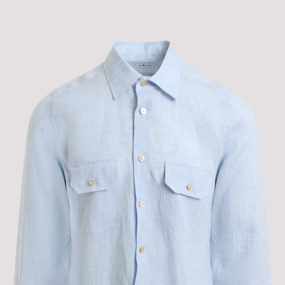Kiton Blauw Linnen Overhemd Verhoog Garderobe Blue Heren