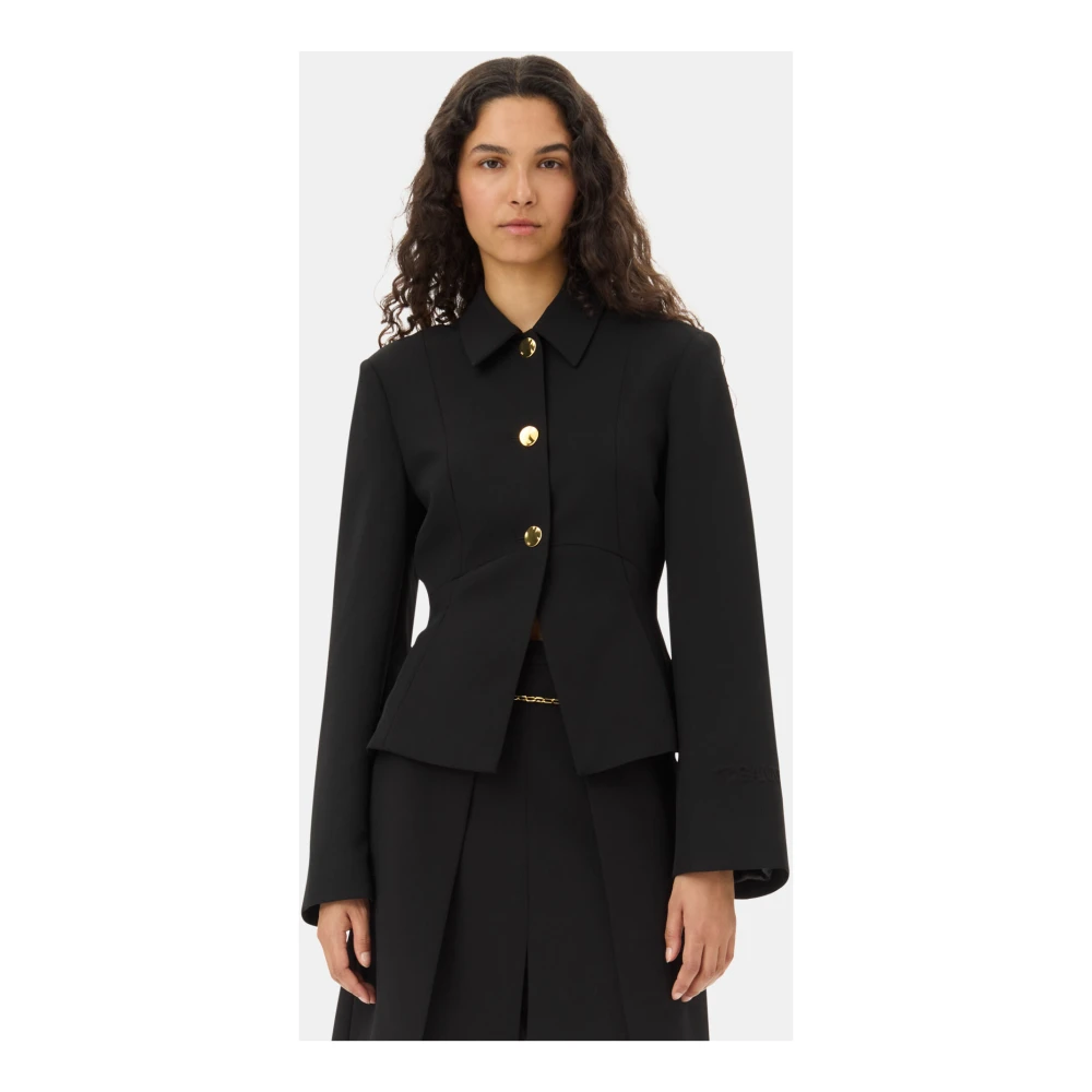 Ganni Zwarte Twill Suiting Blazer met Gouden Knopen Black Dames