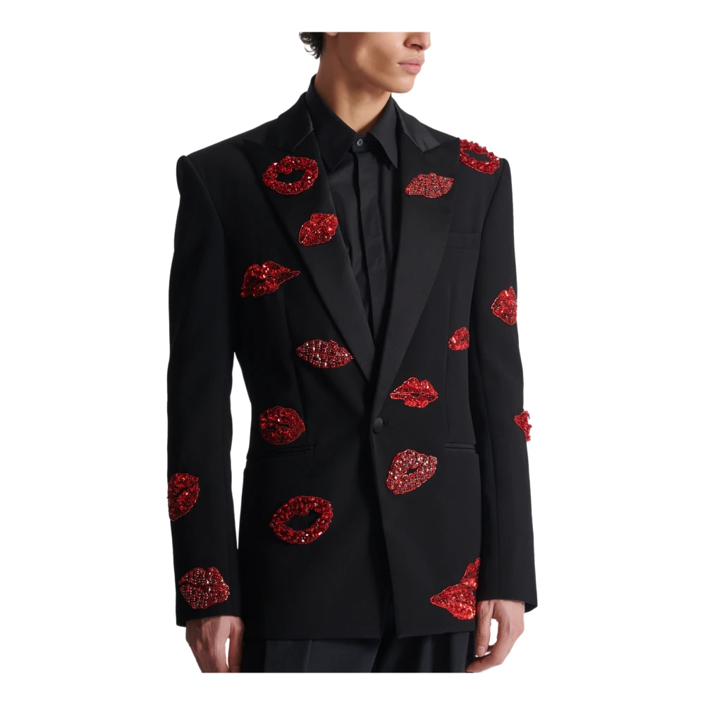 Balmain Crepe 1-knoops jasje met Kiss borduurwerk Black Heren
