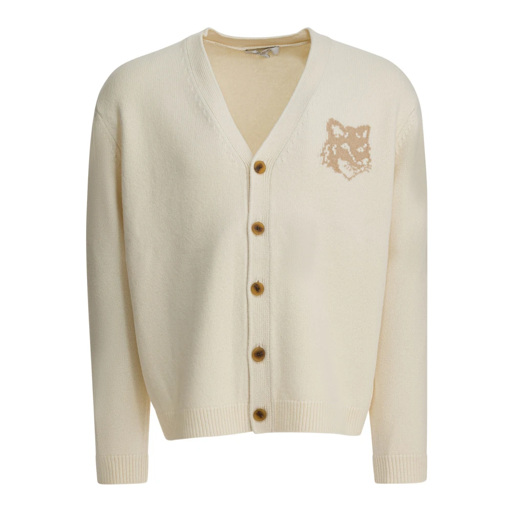 Maison Kitsuné Men's Beige Cardigans, L, Fox Head Intarsia Merino Cardigan