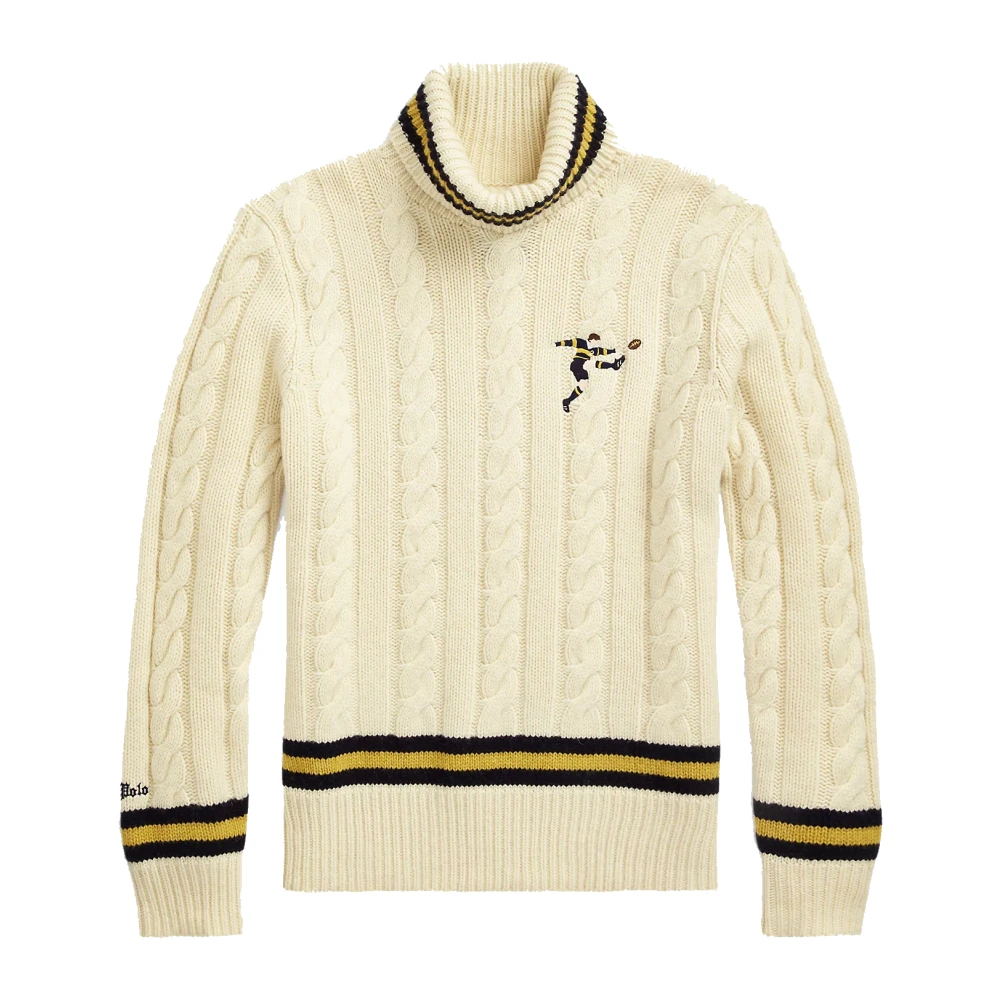 Ralph Lauren Kabel Gebreide Wolmix Coltrui met Rugby Player Borduursel Beige Heren