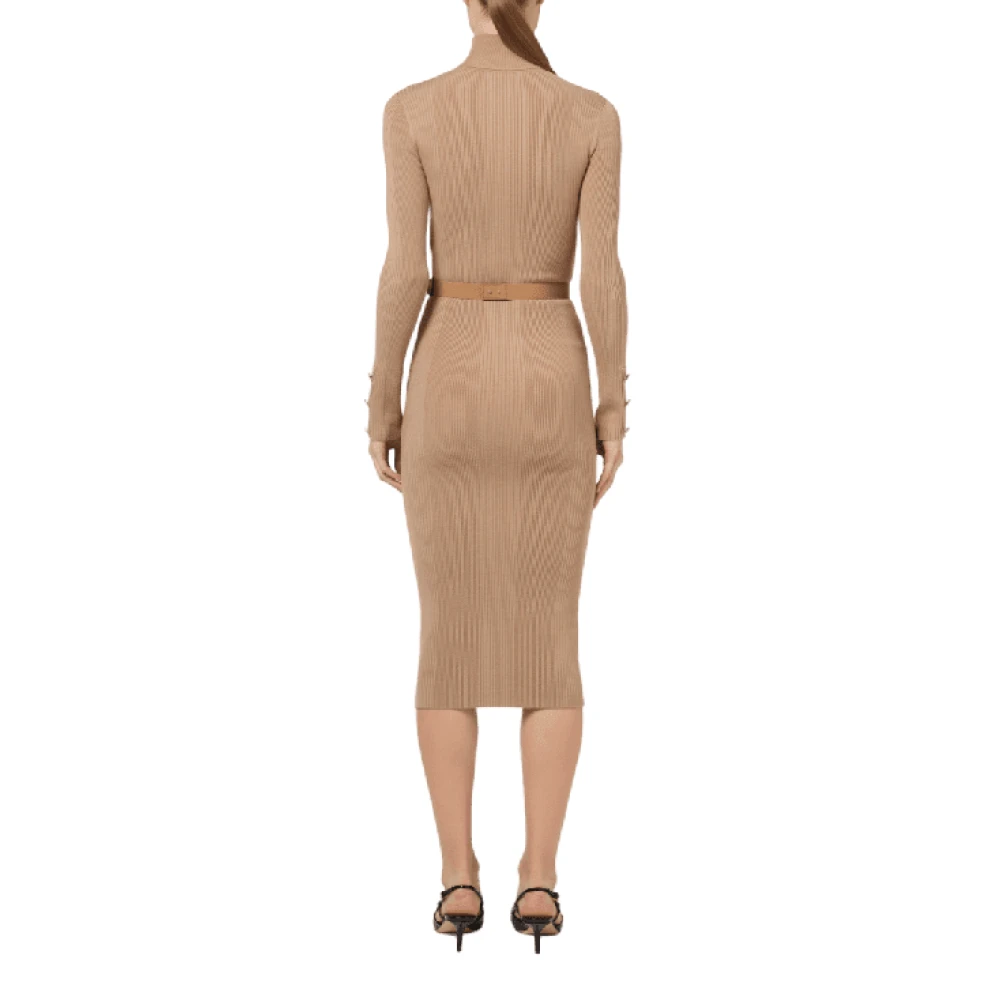 Elisabetta Franchi Kameel Gebreide Midi Jurk met Hoge Hals Brown Dames