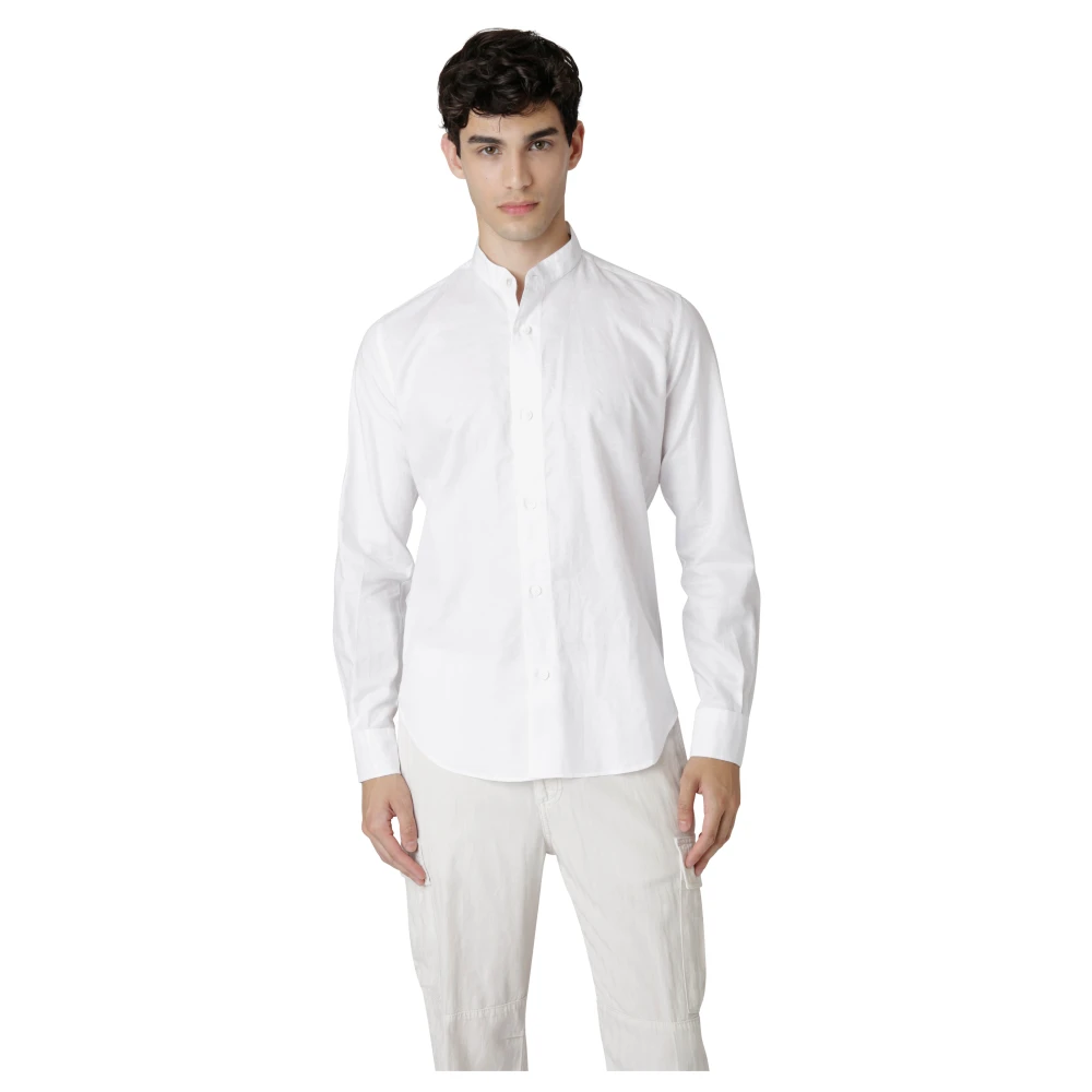 Eleventy Katoen Linnen Koreaanse Kraag Shirt White Heren