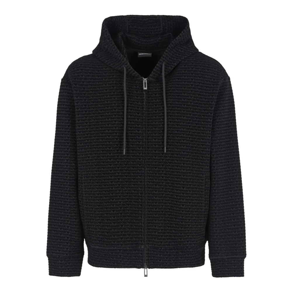 Emporio Armani Zwarte hoodie met overal logo belettering Black Heren