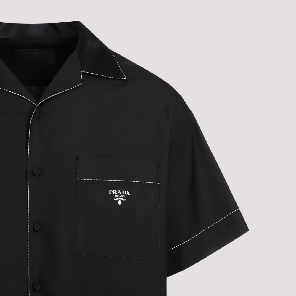 Prada Zwarte Zijden Overhemd Puntkraag Black Heren