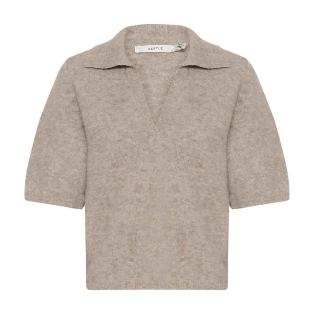 Gestuz Women's Beige V-Neck Knitwear, Xs, Soft Knit Polo Pullover Warm Sand