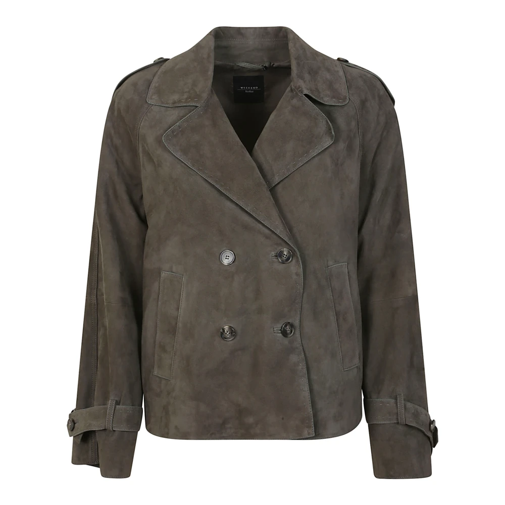 Max Mara Weekend Suède Leren Jas Khaki Dubbel-Breasted Brown Dames