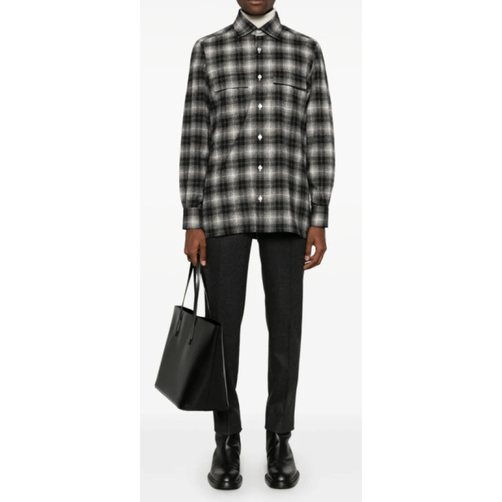 Kiton Zwarte Flanellen Overhemd met Knoopsluiting Black Heren