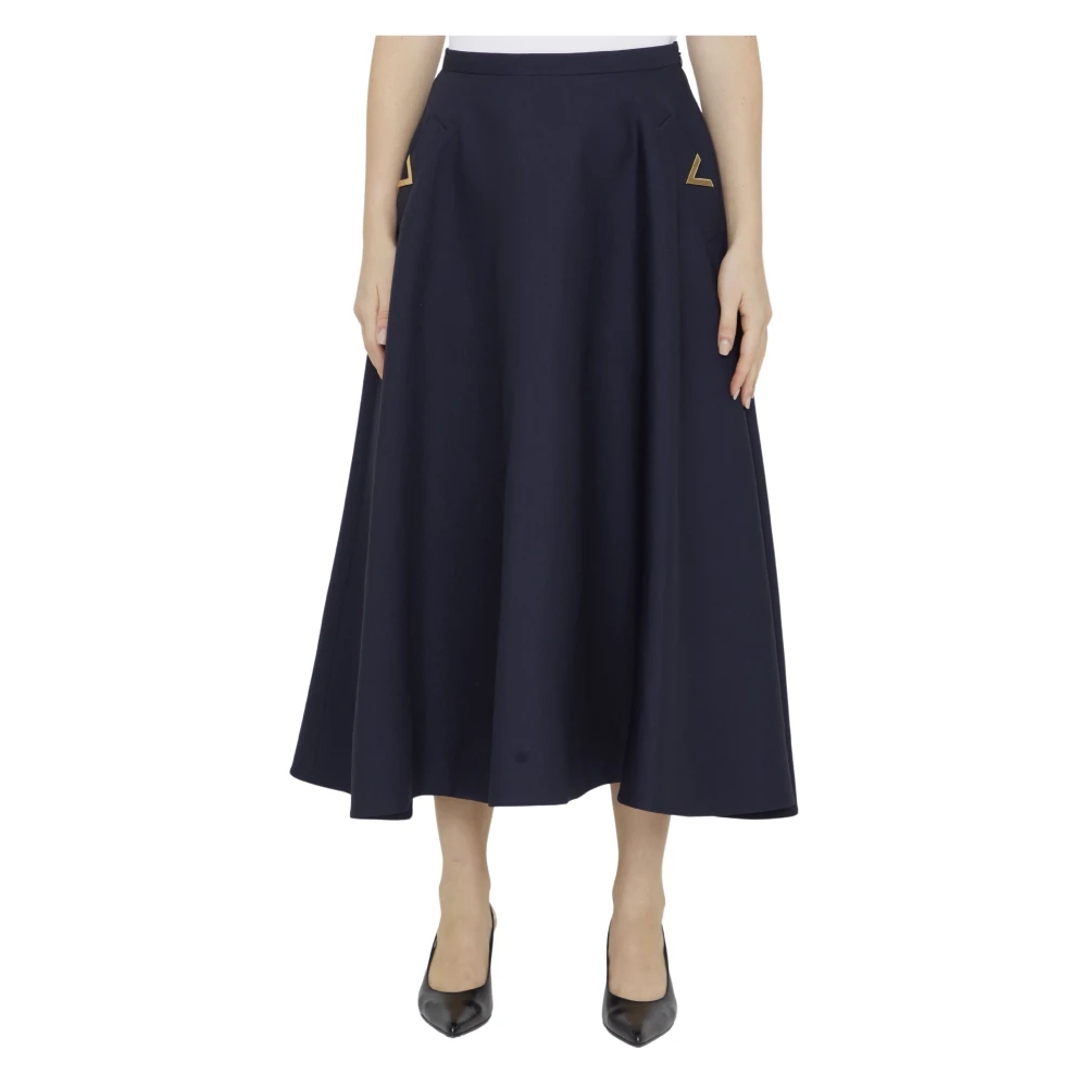 Blå Crepe Couture Midi Nederdel med V Guld Detaljer