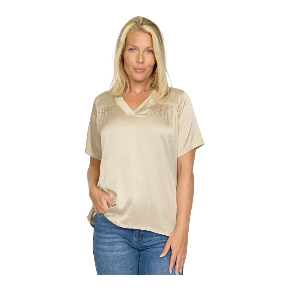 2-Biz Champagne Blouse met Ruchedetails Beige Dames