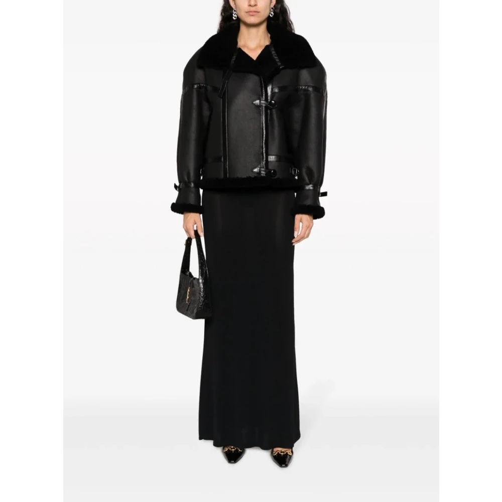 Saint Laurent Shearling-gevoerde leren pilotenjas Black Dames