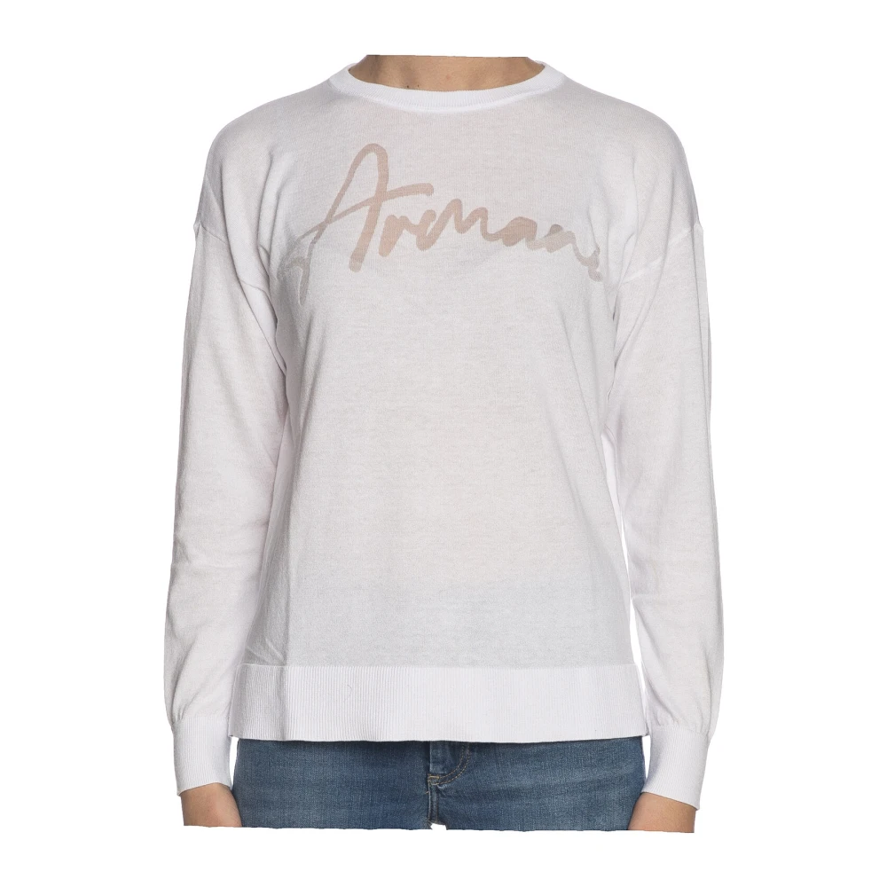 Armani Exchange Women's White Round-Neck Pullover - Round-Neck Knitwear - L - Knitwear