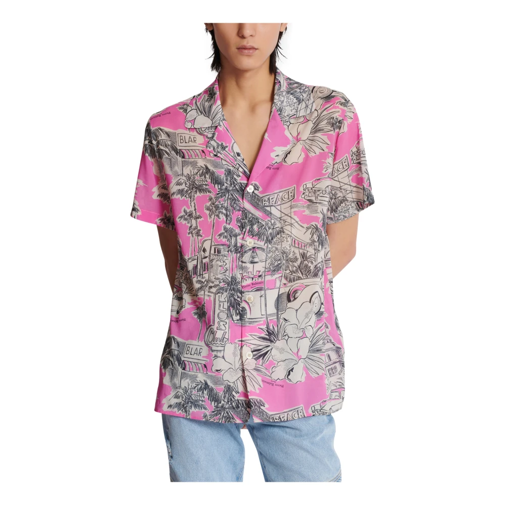 Balmain Kortemouw zijden pyjamashirt met Miami-print Pink Heren