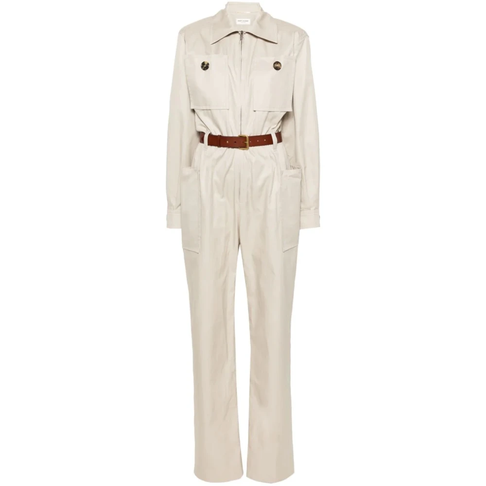 Saint Laurent Beige Clair Twill Jumpsuit med Bälte Beige, Dam