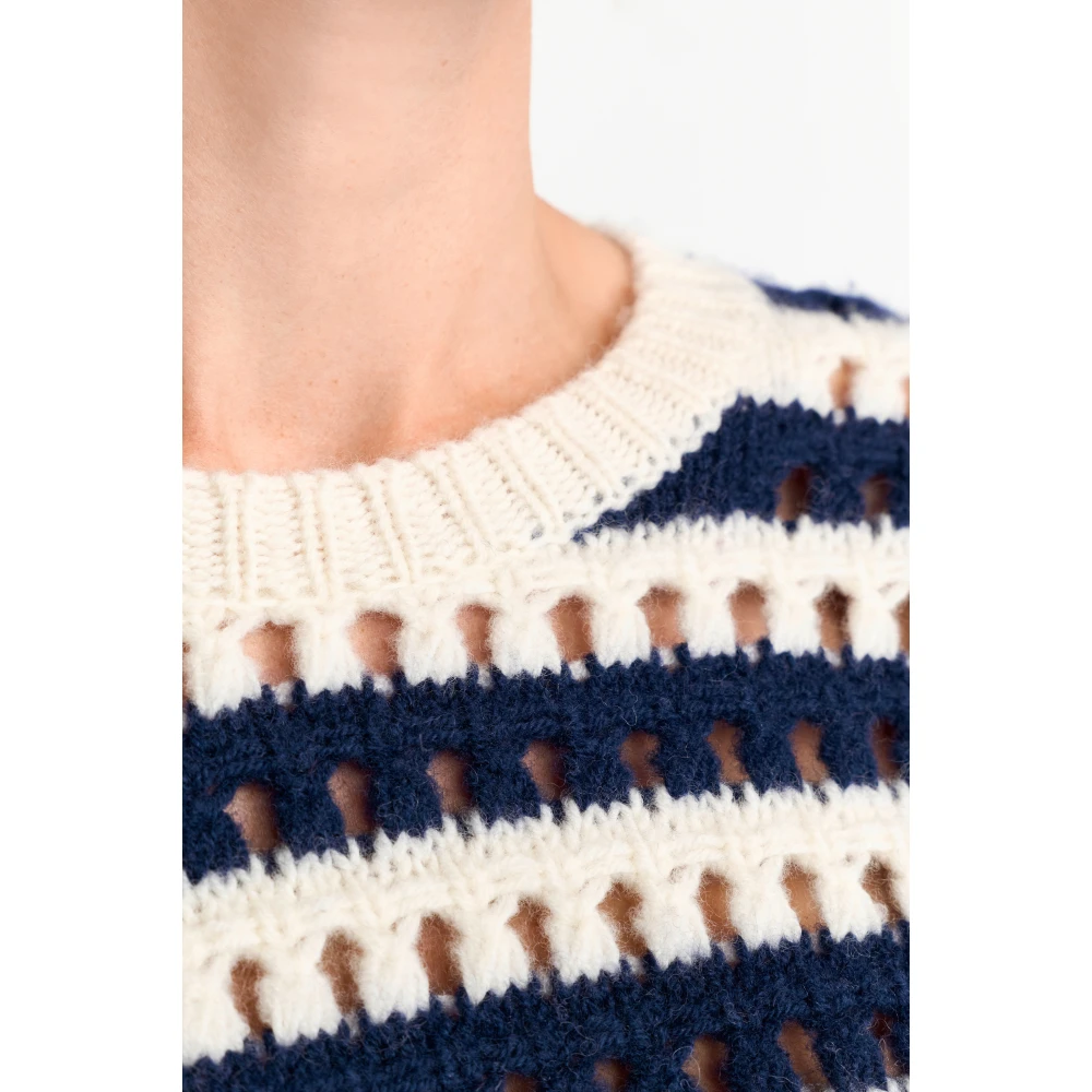 Rich & Royal Gestreepte Ajour Crew Neck Sweater Blue Dames