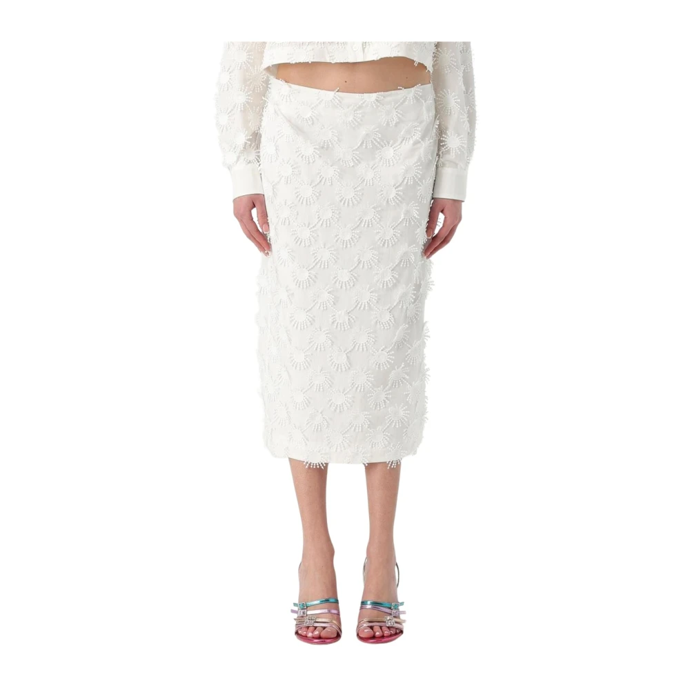 Msgm Women's White Embroidered Floral Midi Skirt