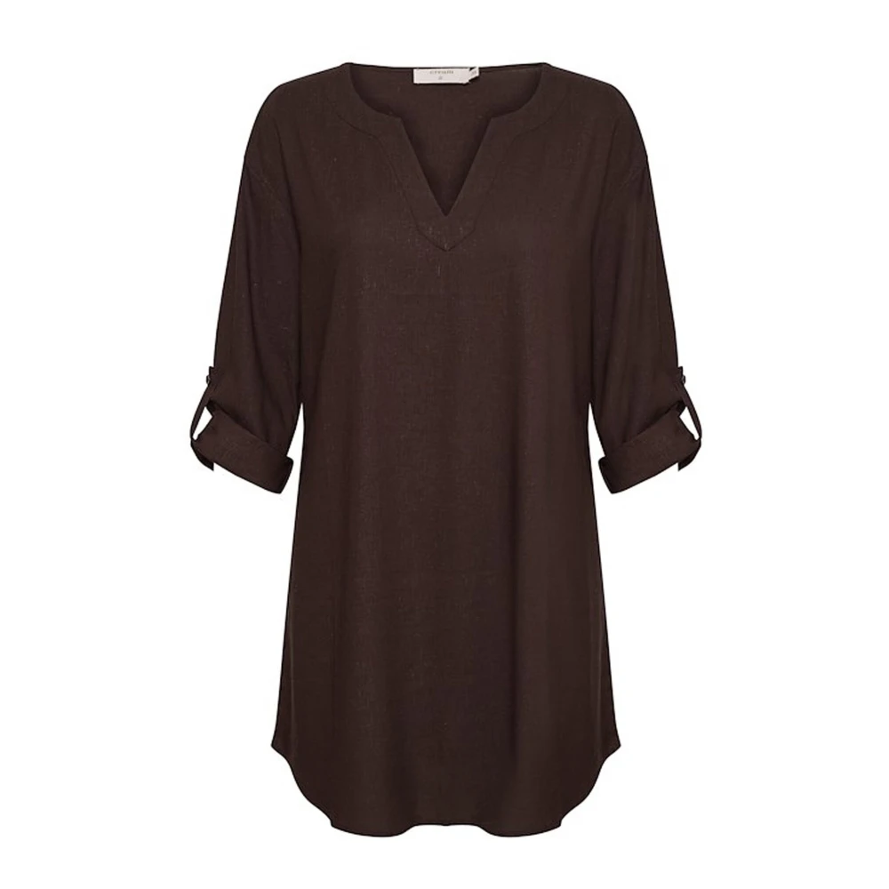 Cream Women's Brown Tunics, Xs, Relaxed Tunic Dress With V-Neck