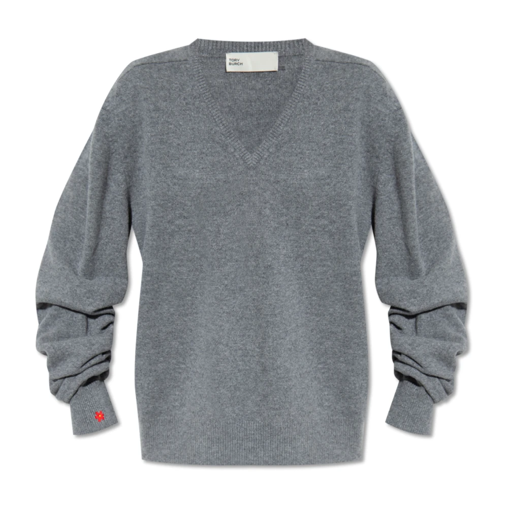 Tory Burch Women's Gray V-Neck Knitwear, M, Wool V-Neck Jumper