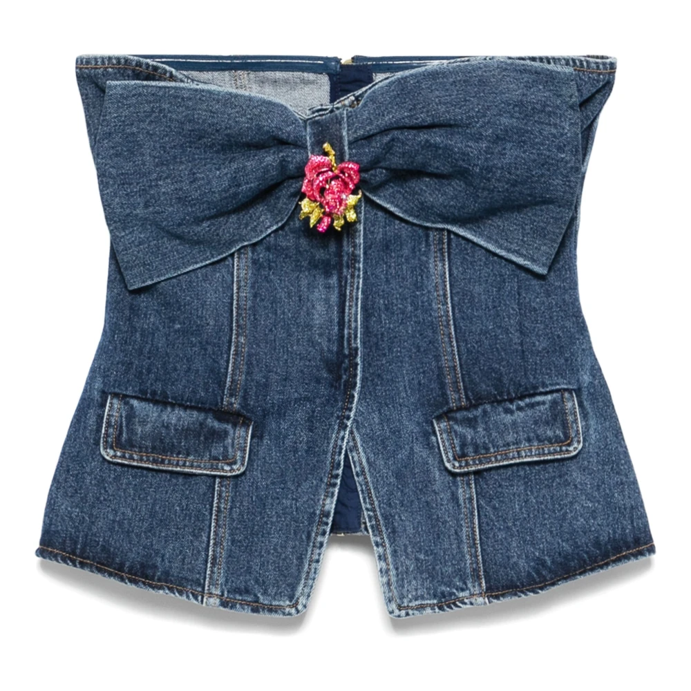 Self Portrait Blauwe Denim Bandeau Top met Diamanten Broche Blue Dames