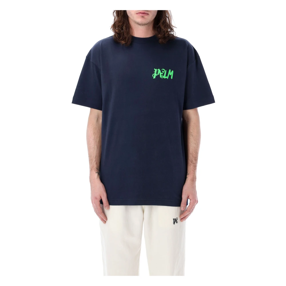 Palm Angels Navy Grafische Print Crew Neck T-Shirt Blue Heren