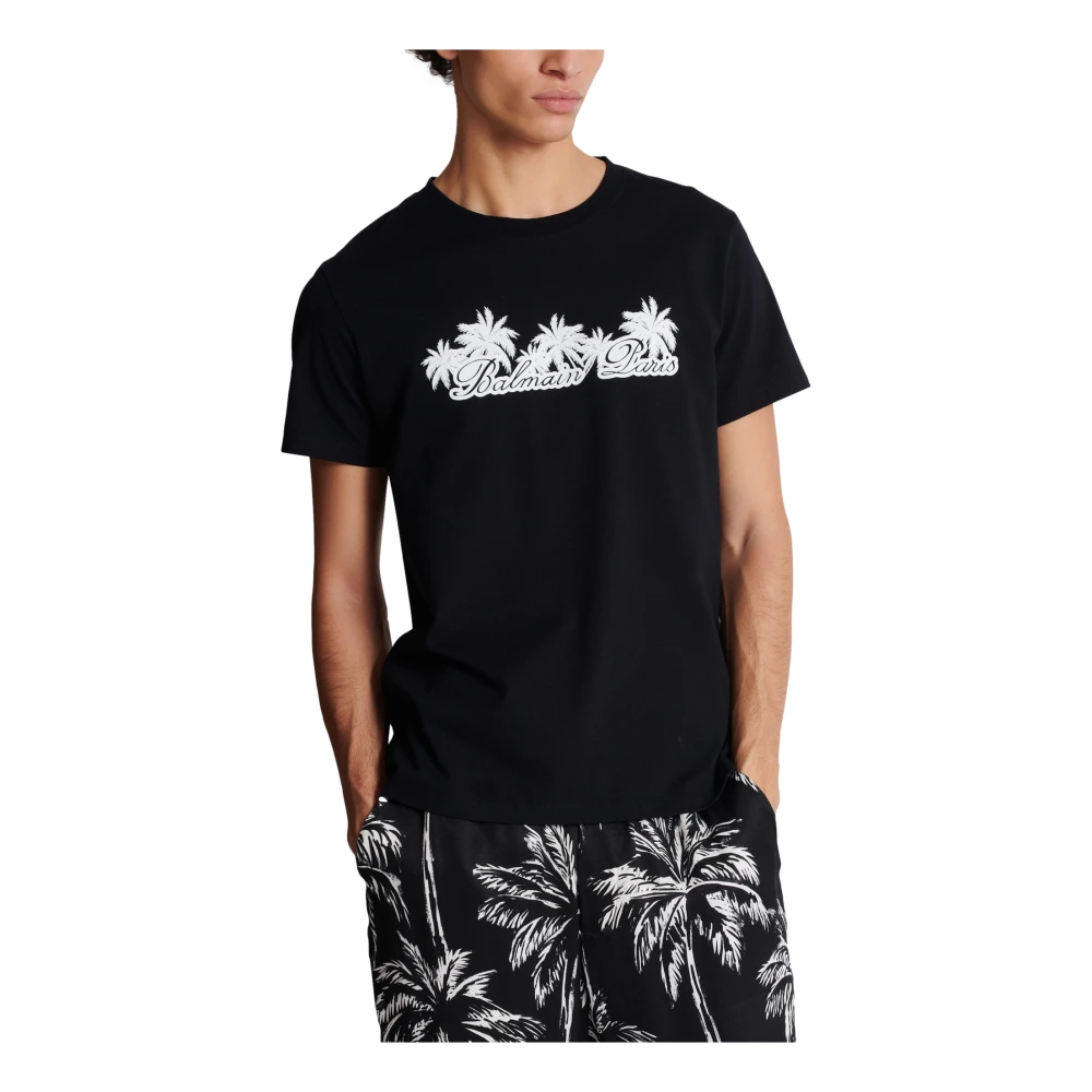 Balmain T-shirt met palmboom handtekeningprint Black Heren