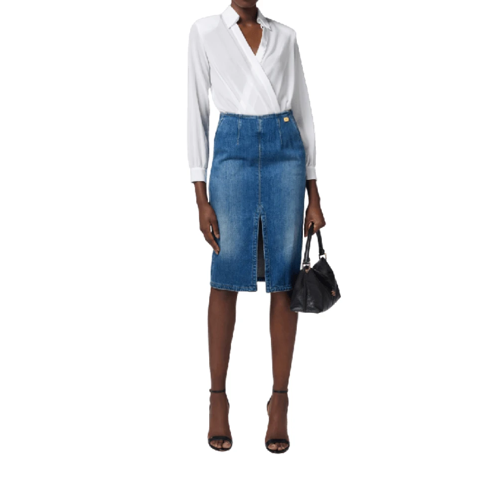 Elisabetta Franchi Denim kokerrok met split Blue Dames