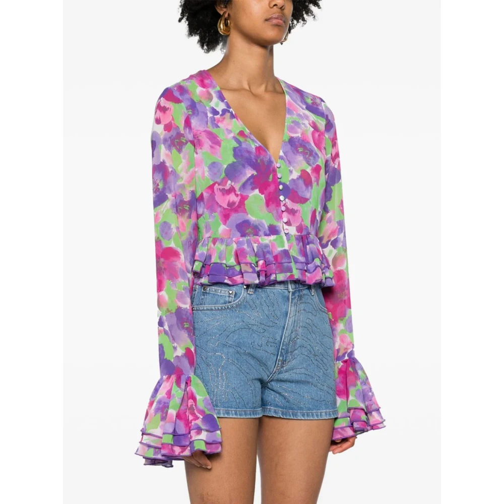 Rotate Birger Christensen Bloemenprint V-hals Ruffle Shirt Multicolor Dames
