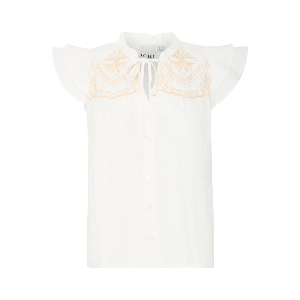 Ichi White Sleeveless Tops, Female, L, Cloud Dancer Top With Embroidered Details